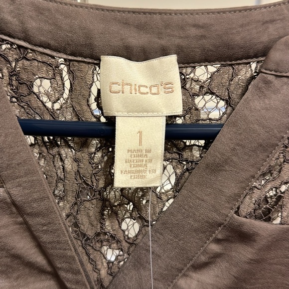 Chicos NWT size 1 lace shoulder dress in taupe. Polyester & Rayon. Brand new. - Picture 4 of 9
